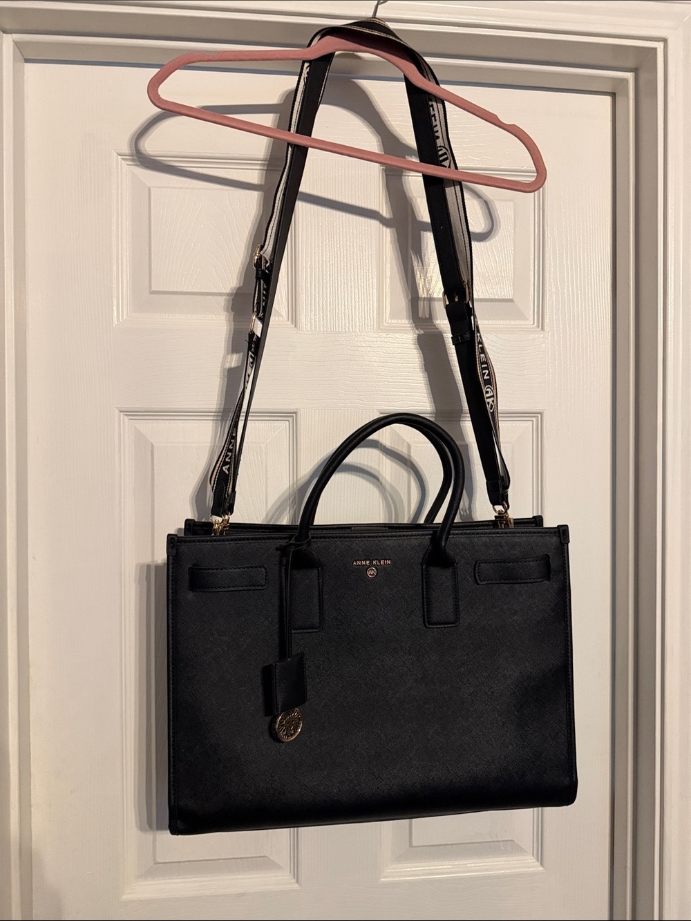 Anne Klein Black Saffiano Satchel with Logo Strap